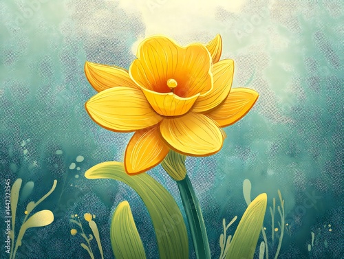 Vibrant Yellow Daffodil Bloom in a Serene, Textured, Botanical Illustration