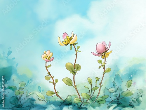 Watercolor painting of three delicate flowers against a soft blue sky