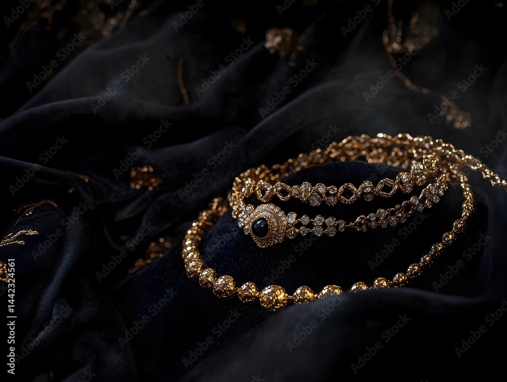 Fototapeta premium Luxurious Gold and Gemstone Bracelets: Elegant and Intricate Jewelry Accessories on Black Silk Background