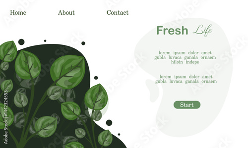 A flat landing page design highlighting large leaves and modern green tone