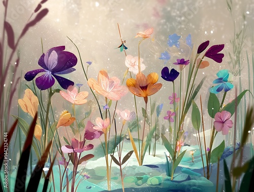 Whimsical Garden of Colorful Flowers with Dragonfly in Dreamy Artistic Style