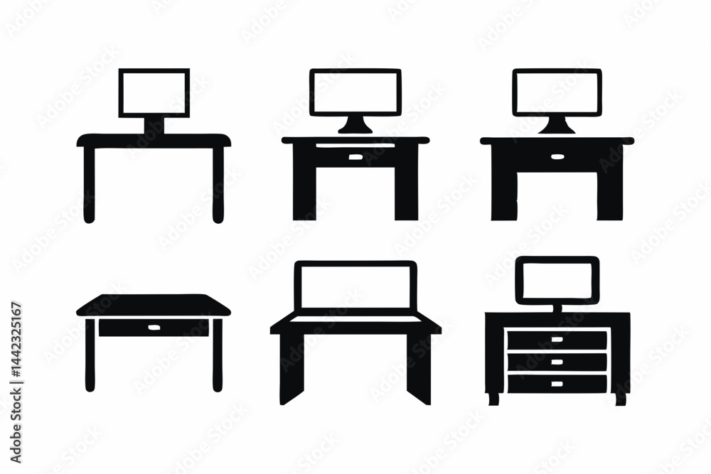 set of computer desk icon vector silhouette illustration isolated on white background set of computer desk icon vector silhouette illustration isolated on white background