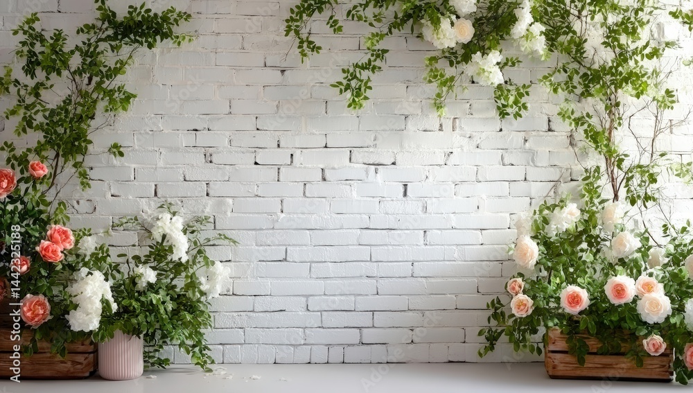 Naklejka premium Floral arrangements with pink and white flowers frame a white brick wall, creating a fresh and elegant decorative display.