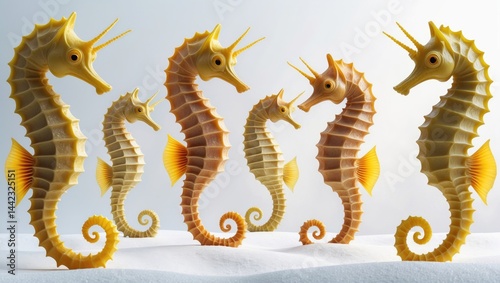 Yellow Seahorses group displayed on a white background photo