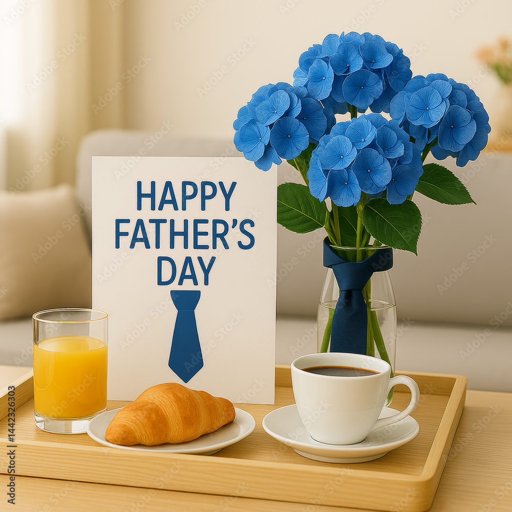 Father's Day Celebration with Card, Flowers, and Breakfast on Wooden Tray