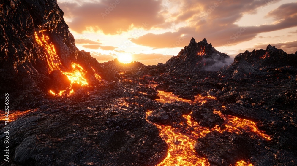 Fototapeta premium Molten lava flows through a volcanic landscape at sunset time