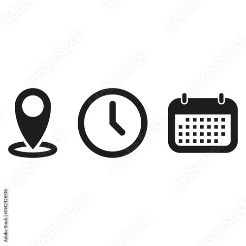 Ensemble d'icônes symbolisant un rendez-vous. fichier vectoriel, calendrier, montre et gps