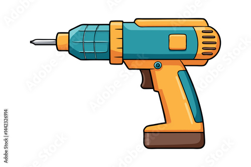Drill machine with bright yellow orange and teal color design, isolated on a Transparent Background, perfect for construction and DIY related Labor Day or Labour Day themes