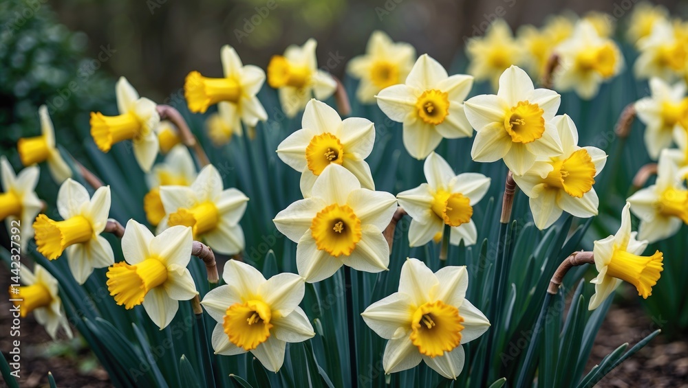In a garden, yellow daffodils are in bloom In a garden, yellow daffodils are in bloom