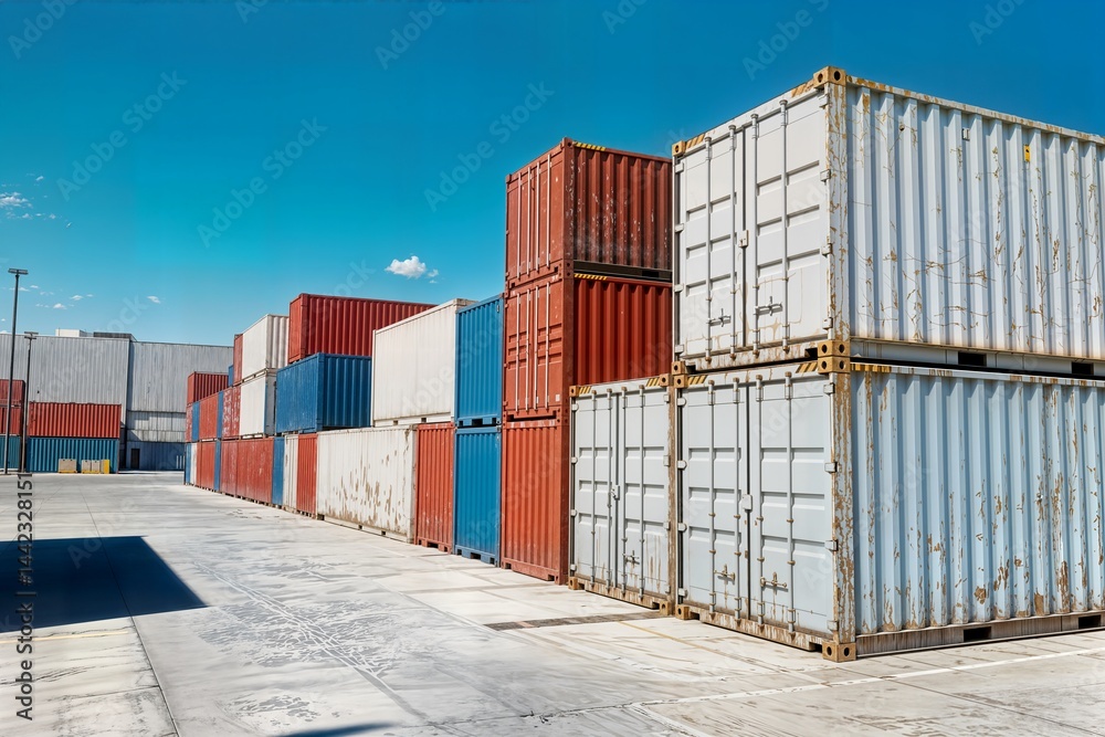 Fototapeta premium container industrial yard shipping export logistic concept crane forklift port blue sky background space road import business freight logistic transport industry service airplane ship truck cargo