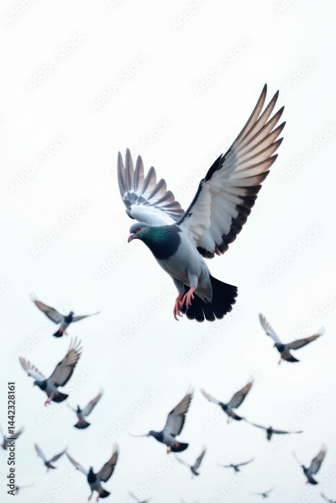 Fototapeta premium A large flock of pigeons taking flight, pure white backdrop , clipping path, fauna, animal