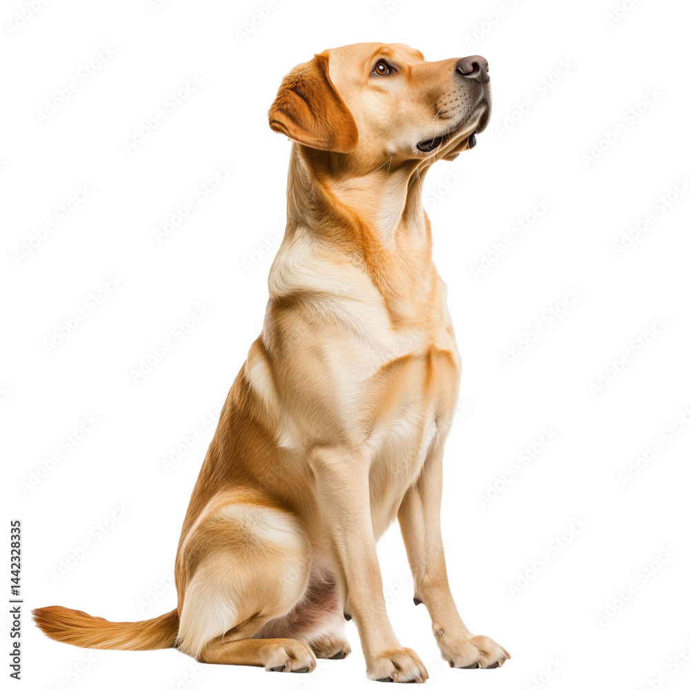Side view of a golden Labrador Retriever dog sitting and looking up, cut out, isolated on a transparent background, no shadow.