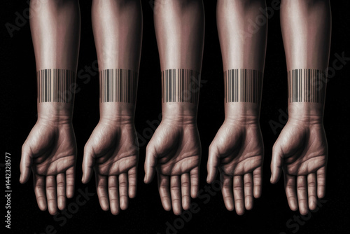 Human identity concept with barcode tattoos on multiple arms in artistic display