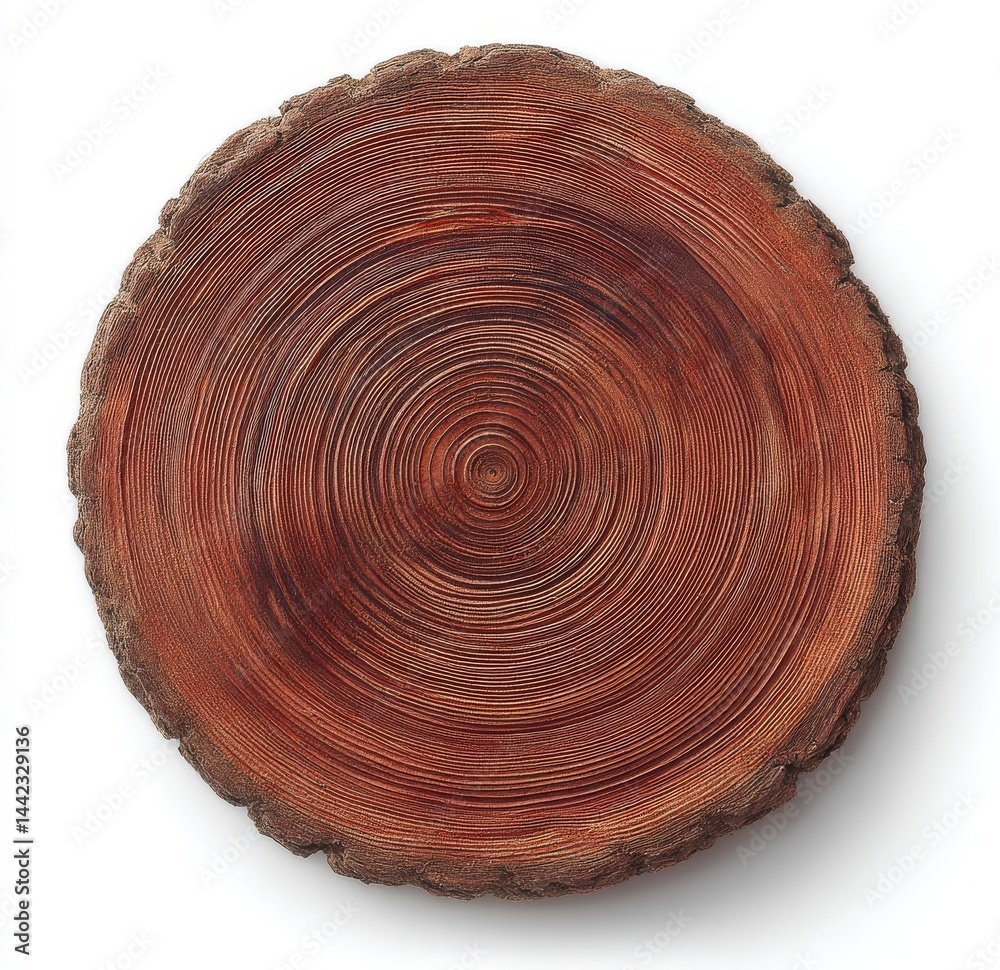 Fototapeta premium A freshly cut brown tree stump slice, displaying prominent age rings and wood grain, is shown isolated on white after being removed from the forest