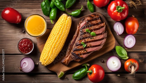 Grilled Steak with Corn, Tomatoes, and Onions