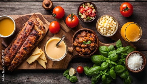 Delicious Food Arrangement on Wooden Background