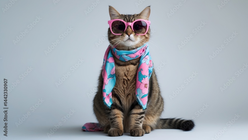 Lovely cat in a summer scarf with sunglasses. Fashionable cat positioned in a scenic background. Lovely cat in a summer scarf with sunglasses. Fashionable cat positioned in a scenic background.