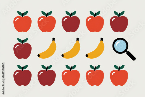 Spot the odd fruit: find the hidden banana among vibrant apples and a magnifying glass icon
