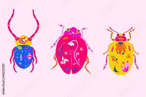 Set of Three Mexican Alebrije Beetles in Folk Art Style