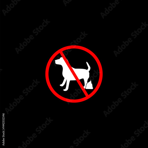  Warning forbidden sign no dog peeing and pooping. icon isolated on black background.