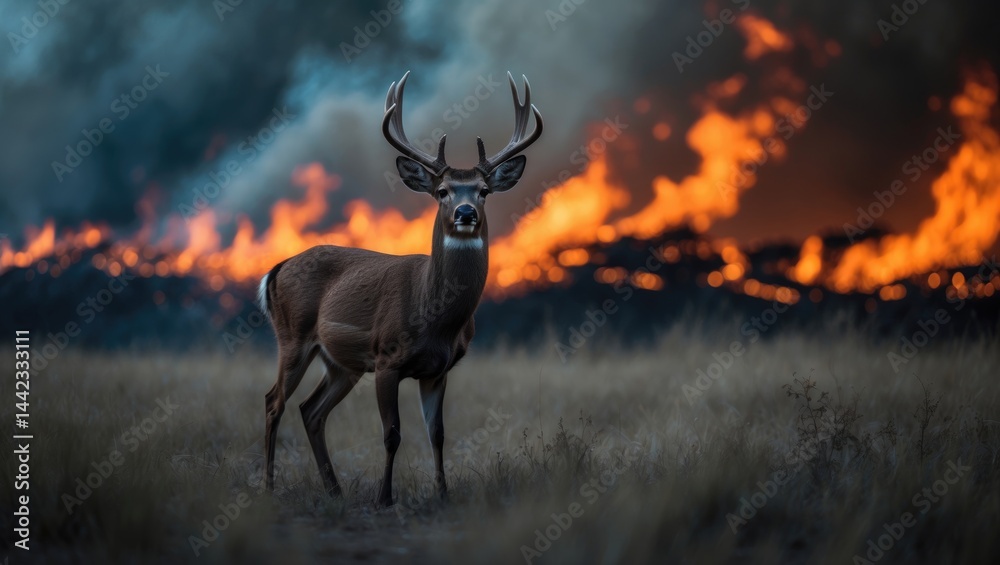Fototapeta premium Wild deer surrounded by fire and smoke in a forest setting