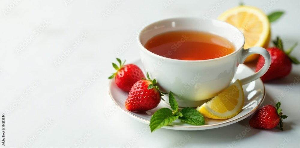 Elegant teacup filled with tea, accompanied by vibrant strawberries, mint sprigs and lemon wedges, all presented on a pristine white surface , macro, overhead, lemon Elegant teacup filled with tea, accompanied by vibrant strawberries, mint sprigs and lemon wedges, all presented on a pristine white surface , macro, overhead, lemon