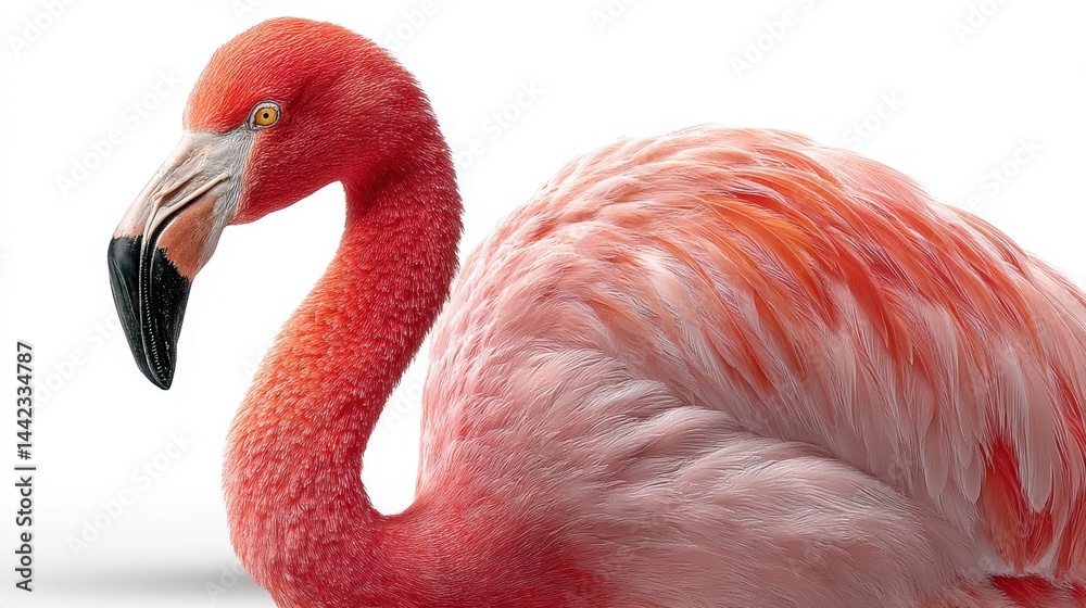 Obraz premium a close-up of a pink flamingo on a white isolated background, tropical and elegant design