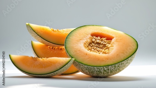 Stacked Japanese melons, honey melons, or cantaloupes (Cucumis melo) isolated on white background