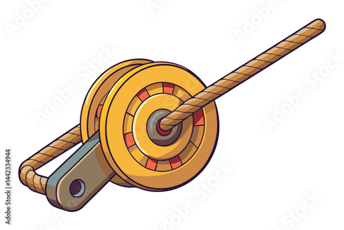 Mechanical wooden rope pulley system with rope and rotating wheel, isolated on Transparent Background, commonly used in lifting applications for industrial and construction purposes labor day