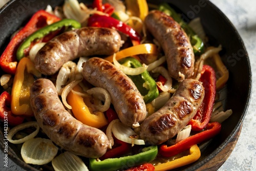 A photograph of golden-brown sausages cooked with sliced bell peppers and onions