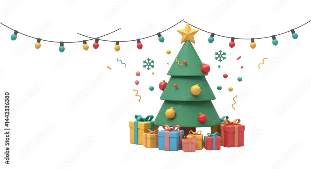 Isolated Christmas Tree with Lights Confetti and Gifts Isolated Christmas Tree with Lights Confetti and Gifts
