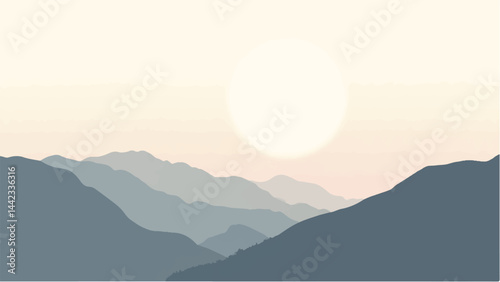 Mountain landscape with sunset view. Mountain range. Vector illustration.