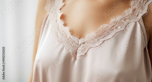 Close-up of lace-trimmed silk camisole on female adult