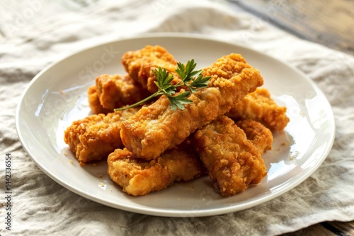 golden-brown fish sticks artfully arranged on a white plate