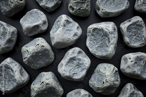 multiple irregularly shaped, light gray rocks