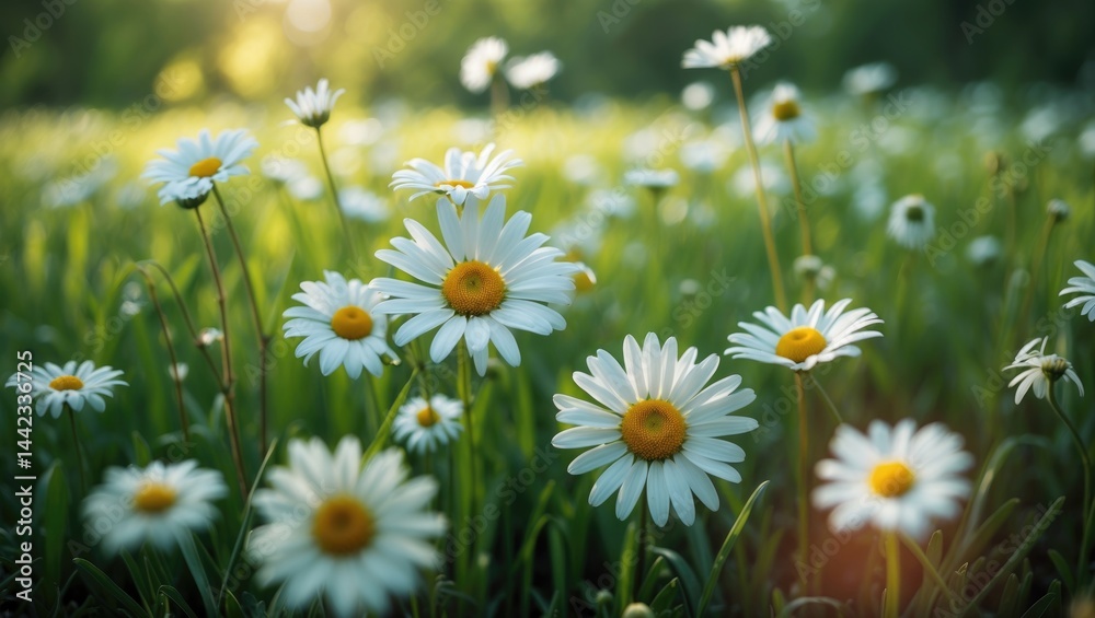 Fototapeta premium Daisies and white chamomiles thriving in a grassy meadow. Gardening concept with wild flowers.