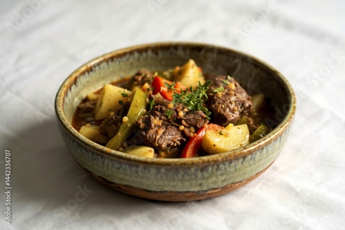 stewed beef with tender chunks of beef, potatoes, and sliced green peppers