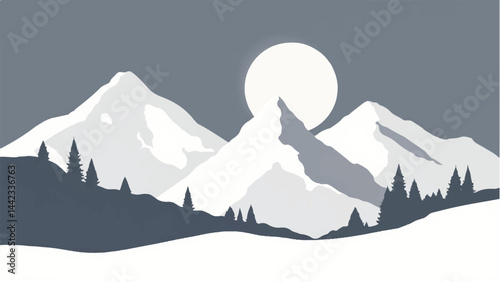 Mountains covered with snow. Mountains landscape. Snowy Mountain Range. Vector illustration.	
