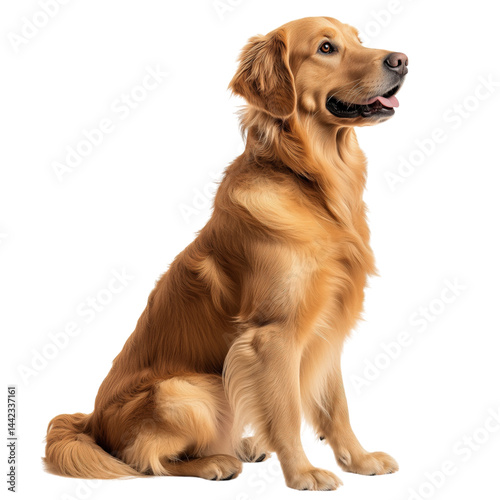 Side view of a golden Labrador Retriever dog sitting and looking up, cut out, isolated on a transparent background, no shadow. photo