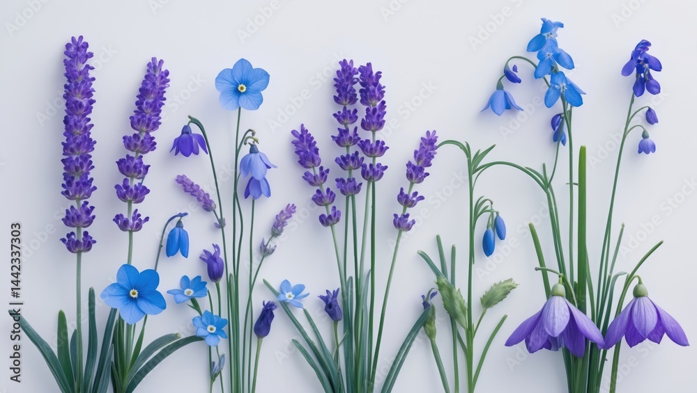 Naklejka premium Set of wild flowers isolated against white background including lavender, bluebell, forget-me-not, snowdrops, and primroses