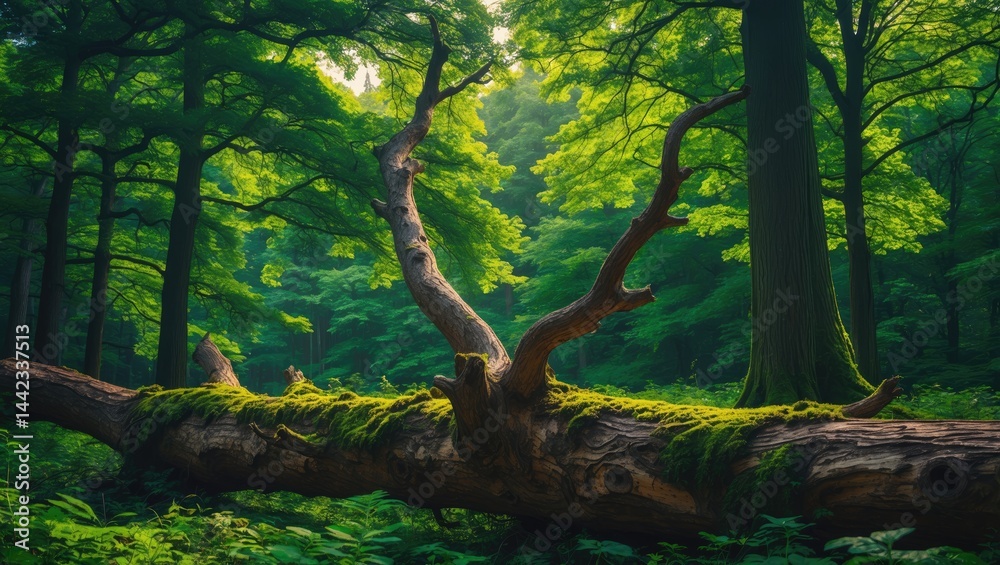 Fototapeta premium Oak branch in the forest surrounded by tall trees