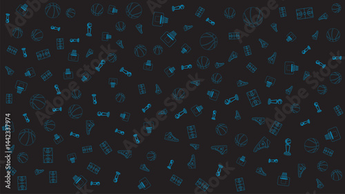 Seamless Basketball Pattern with Sport Outline Icons on Black Background for Sporty Design Projects