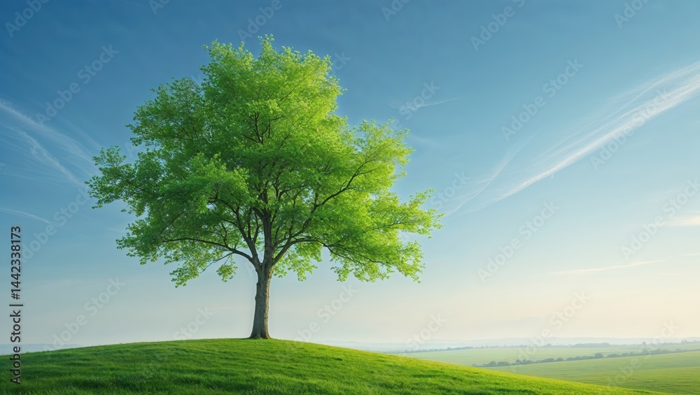 Fototapeta premium Green tree stands alone on a lush hill under a clear blue sky with fluffy clouds in the background