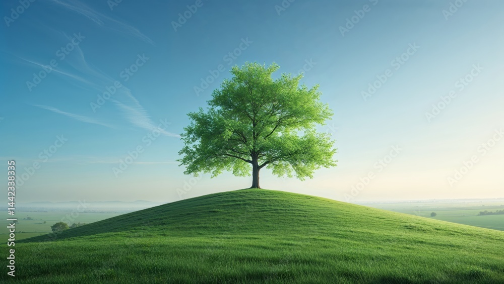 Fototapeta premium Lone verdant tree on a grassy hilltop under a clear blue sky during the morning light