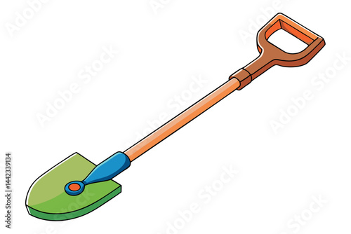 shovel with a wooden handle and colorful metal tip, ideal for use in garden and landscaping work on a Transparent Background