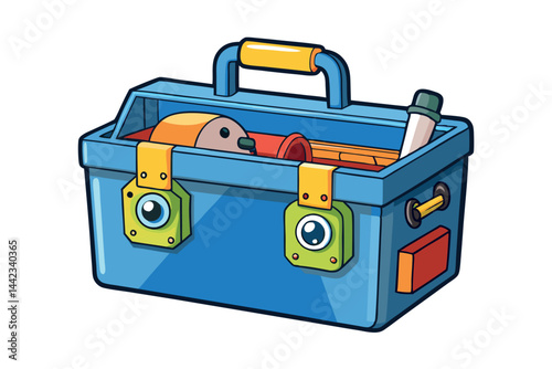 cartoon toolbox with tools inside, featuring a blue and orange color scheme, perfect for DIY projects and professional tool kits