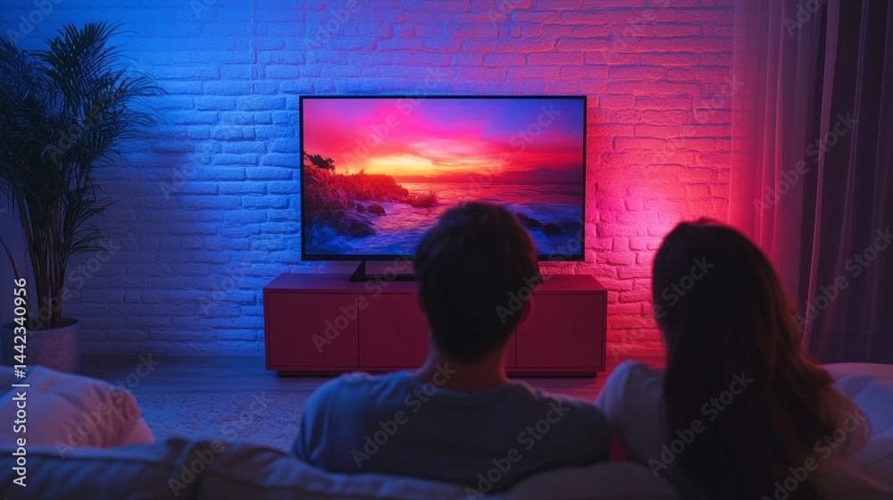 A couple watching TV in a cozy room with neon lighting. In advertisements for home appliances, for blogs about interior design, in articles about home theater.