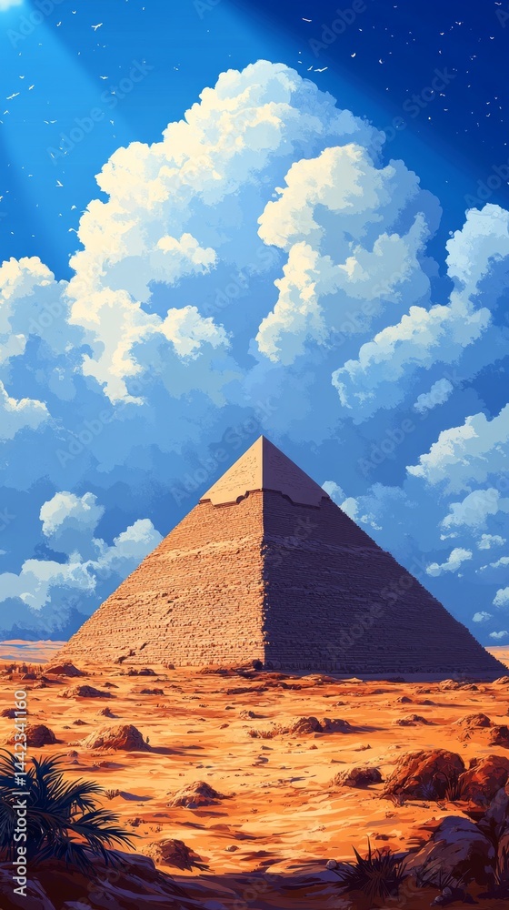 Pyramid in the desert on the background of bright sky and clouds. Great for travel sites, historical articles or discussion of ancient civilizations.
