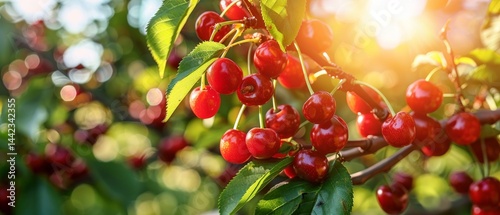 Ripe red cherries on a tree branch in an orchard, illuminated by sunlight. Useful for topics about fruit, nature, agriculture.