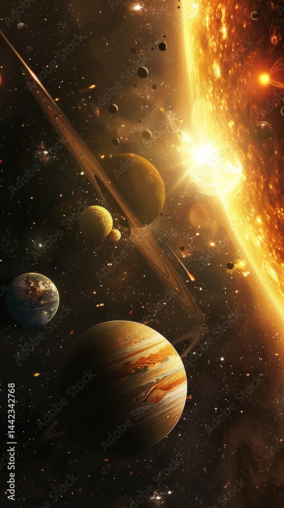 Cosmic illustration with planets and stars against a bright sun, suitable for science articles, astronomy tutorials, sci-fi projects.